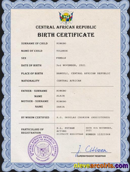 Central African Republic birth certificate